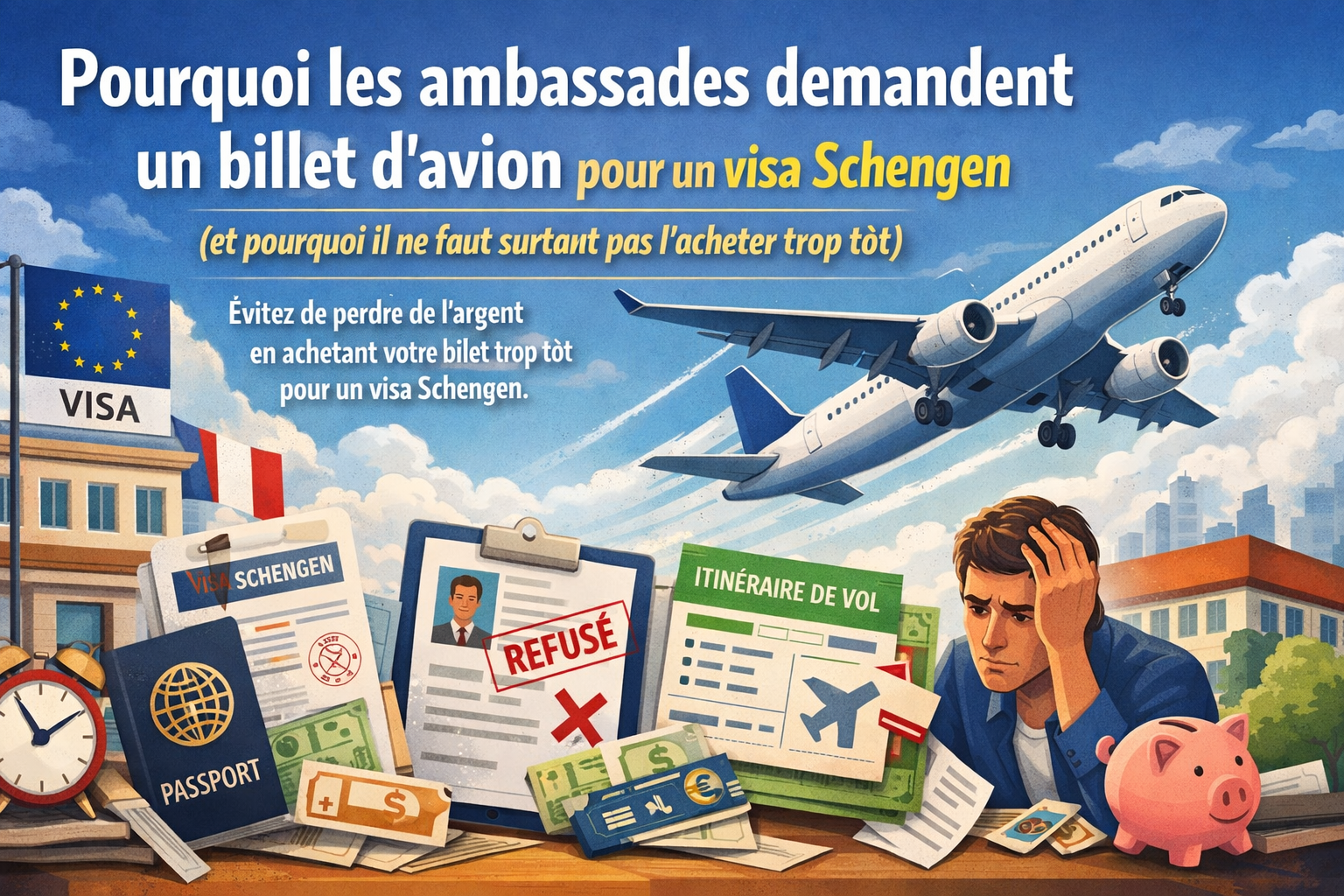 Découvrez pourquoi les ambassades demandent un billet d’avion pour une demande de visa Schengen, pourquoi il ne faut pas acheter un billet trop tôt, et quelle solution utiliser pour éviter de perdre de l’argent. 1000060895